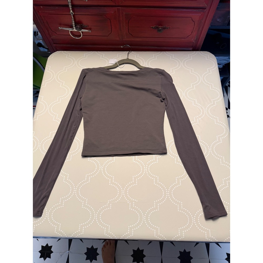 Edikted Long Sleeve Top Button Trim Boat Neck Brown Size S - Picture 3 of 10